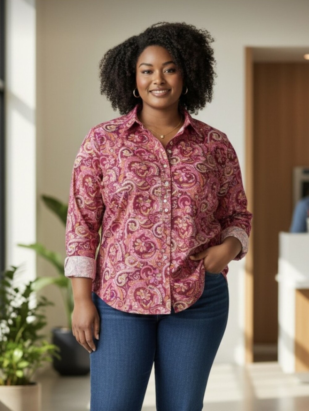 Izod Vibrant Pink & Wine Paisley 100% Cotton Button-Down Blouse – 1X